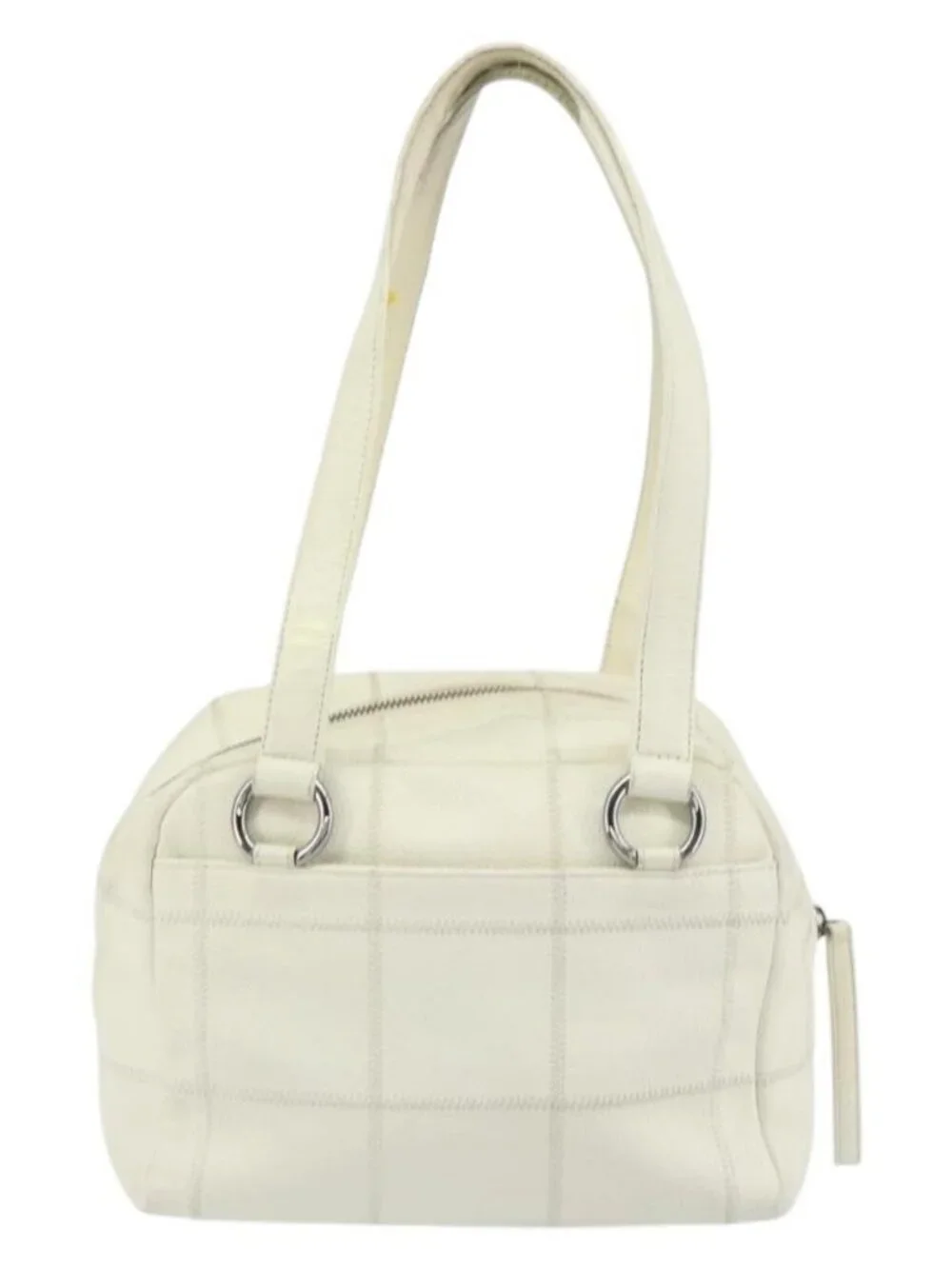 CHANEL Choco Bar Shoulder Bag Grained Calf Skin White Silver CC Auth bs30605